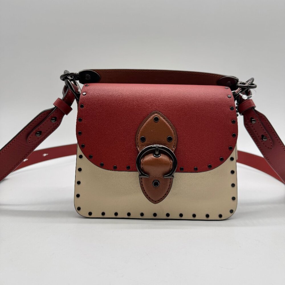 COACH Beat 18 rivets leather shoulder crossbody bag -Red Sand Ivory Tan